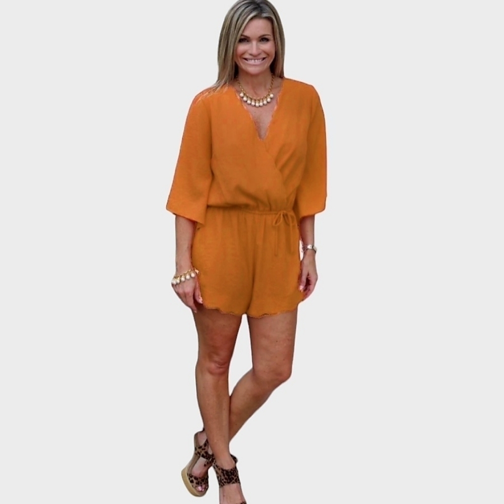 Umgee USA Orange Scalloped Loose Fit Romper Size L